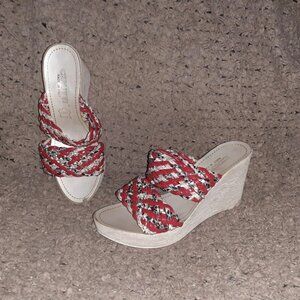 CERUTTI-Italy-Red Patent/Snakeskin Pattern Woven Leather Wedge-Sz 37-Excellent